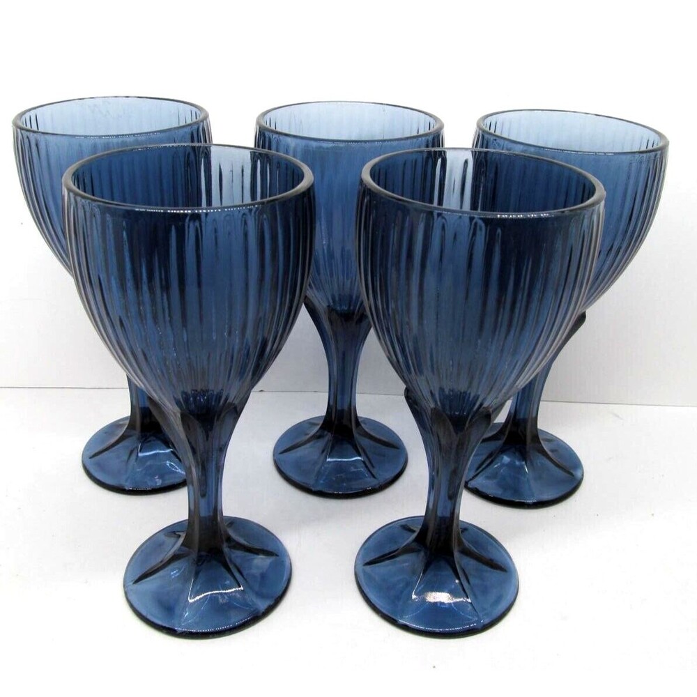 Fostoria Monet Set Of 5 Dark Blue 7 3/8" Ribbed Water Goblets VGC